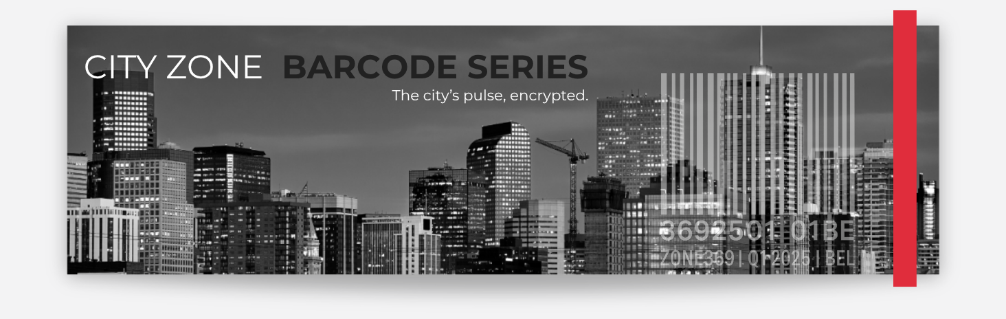 City skyline with barcode design, labeled 'City Zone Barcode Series'.