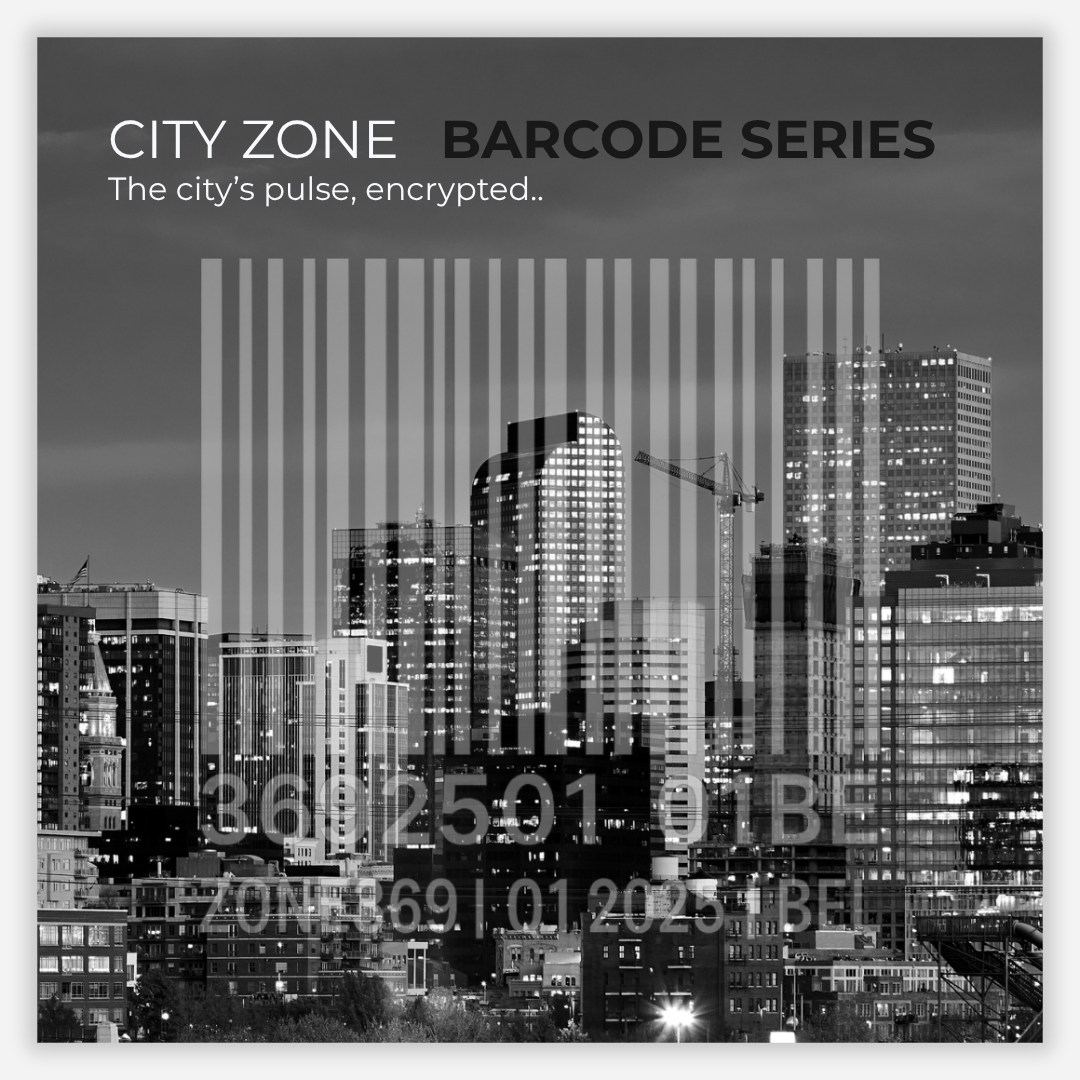 City skyline with barcode overlay and text 'CITY ZONE BARCODE SERIES' on a dark background