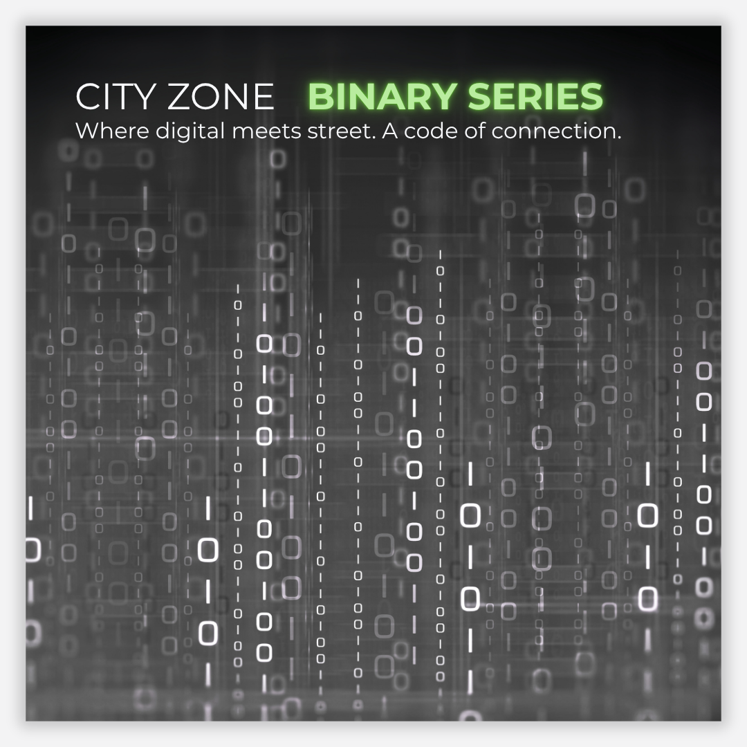 Album cover for 'City Zone Binary Series' with binary code design and text on a dark background.