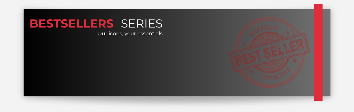 Promotional banner for 'Bestsellers Series' with a red stamp on a black background