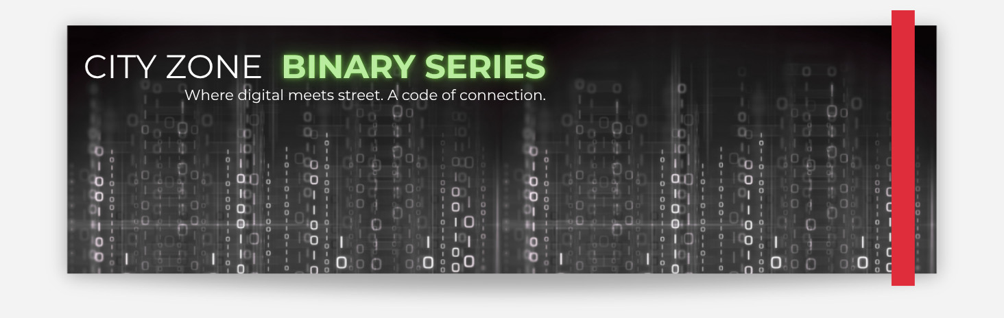 Digital banner with binary code design and text 'City Zone Binary Series' on a black background.