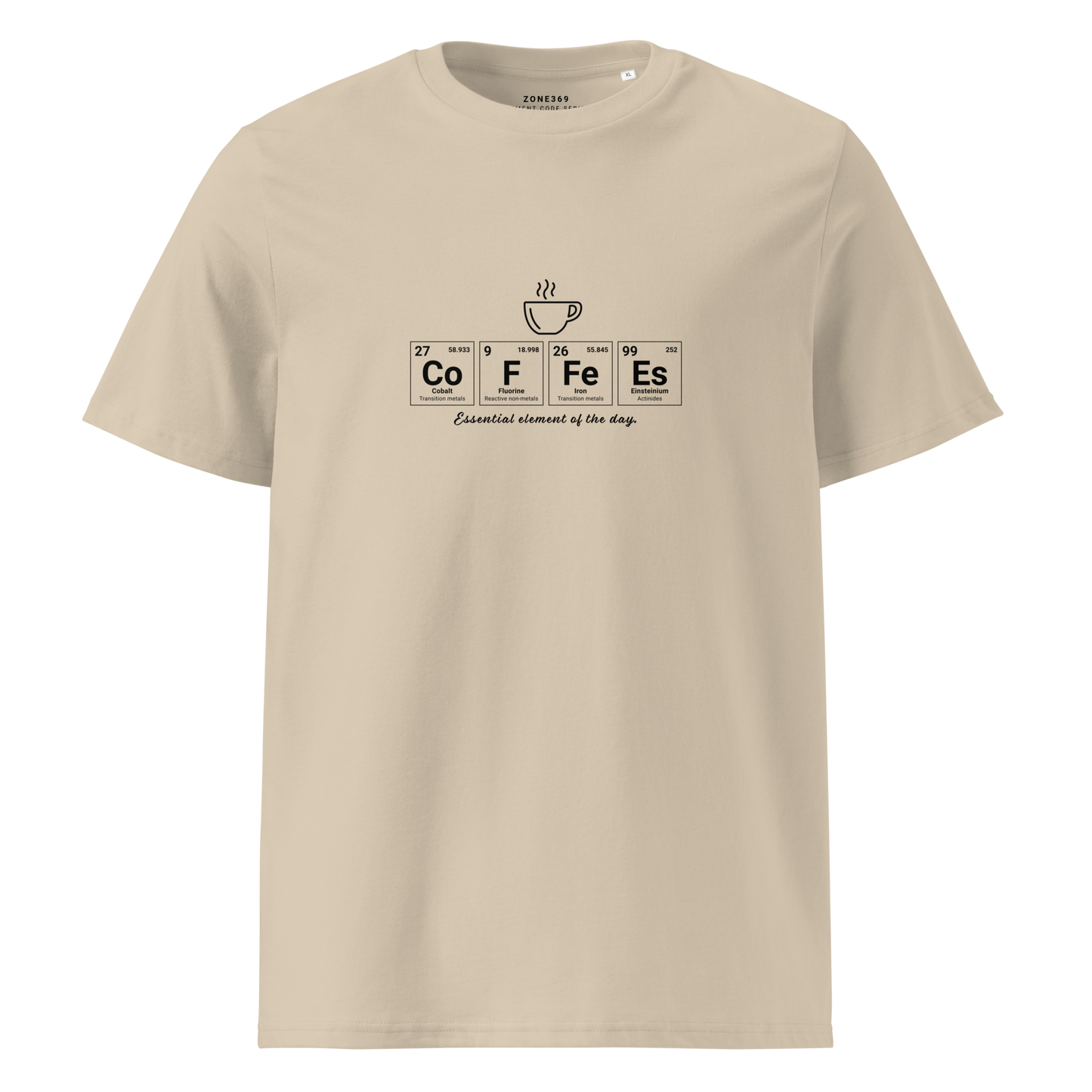Beige t-shirt with coffee-themed design on a white background