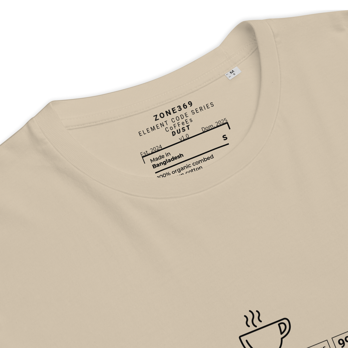 Beige t-shirt with Zone369 label on a white background
