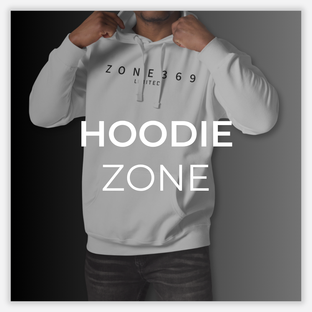 ZONE369 Hoodie Zone — model wearing a white hoodie with “ZONE369 LIMITED” chest print; large “HOODIE ZONE” text overlay on a split black-to-grey background.