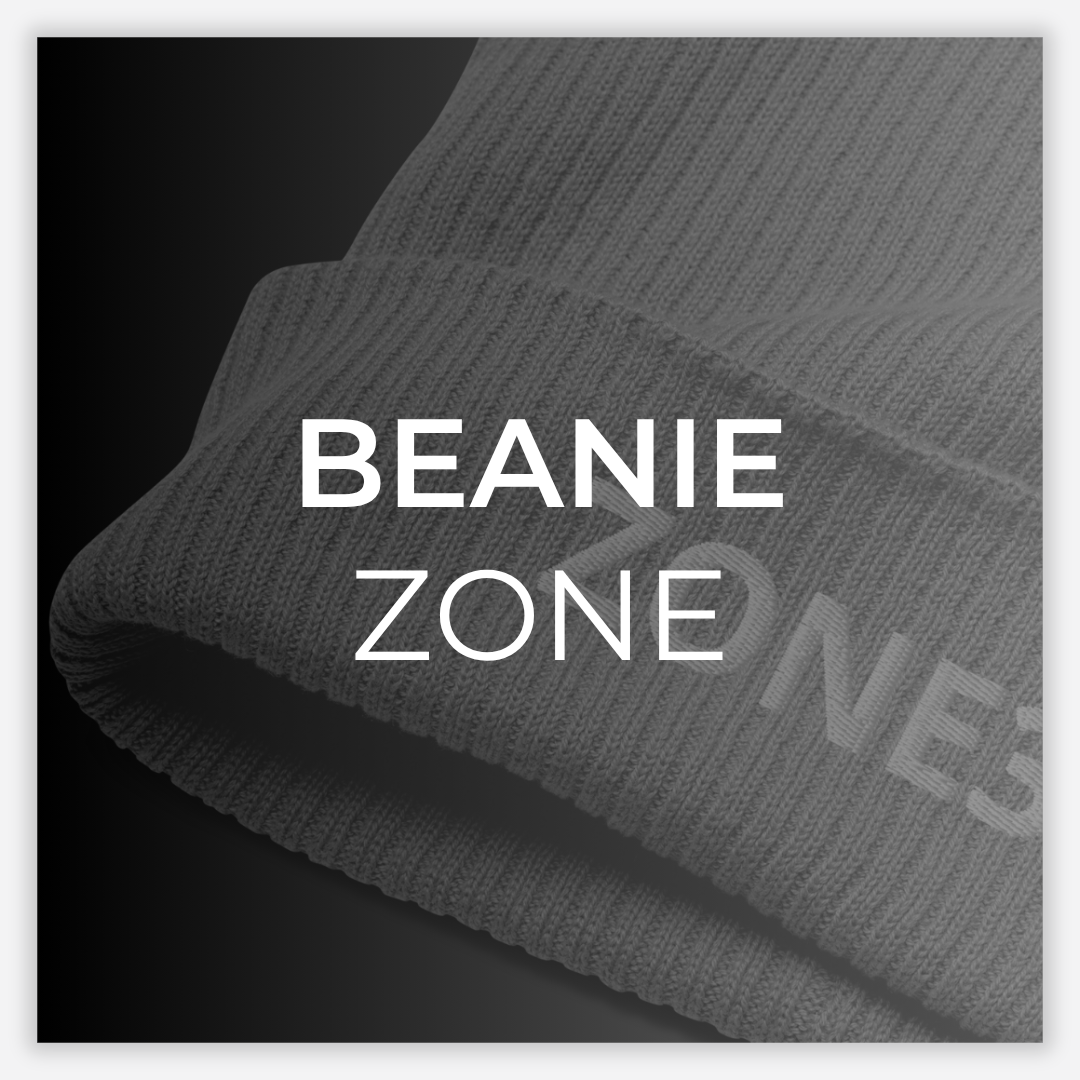 ZONE369 Beanie Zone — minimalist knit beanies in neutral tones, studio product photo on a white background.