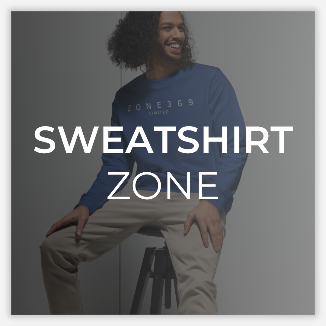 ZONE369 Sweatshirt Zone — model in a blue crewneck with “ZONE369 LIMITED” chest print; “SWEATSHIRT ZONE” text overlay on a soft grey studio background.