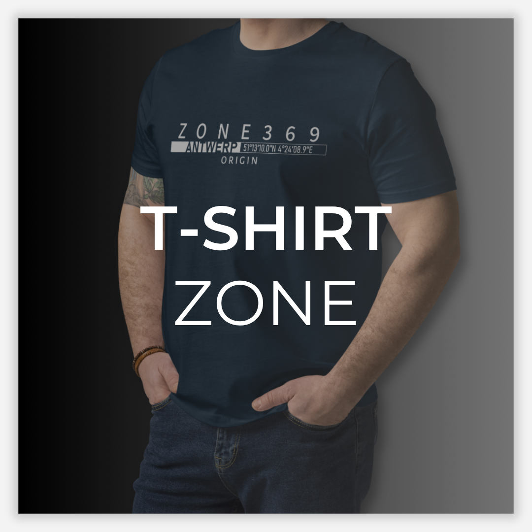 ZONE369 T-Shirt Zone — model in a navy graphic tee with “ZONE369 ANTWERP ORIGIN” coordinates print; “T-SHIRT ZONE” text overlay on a split black-to-grey background.