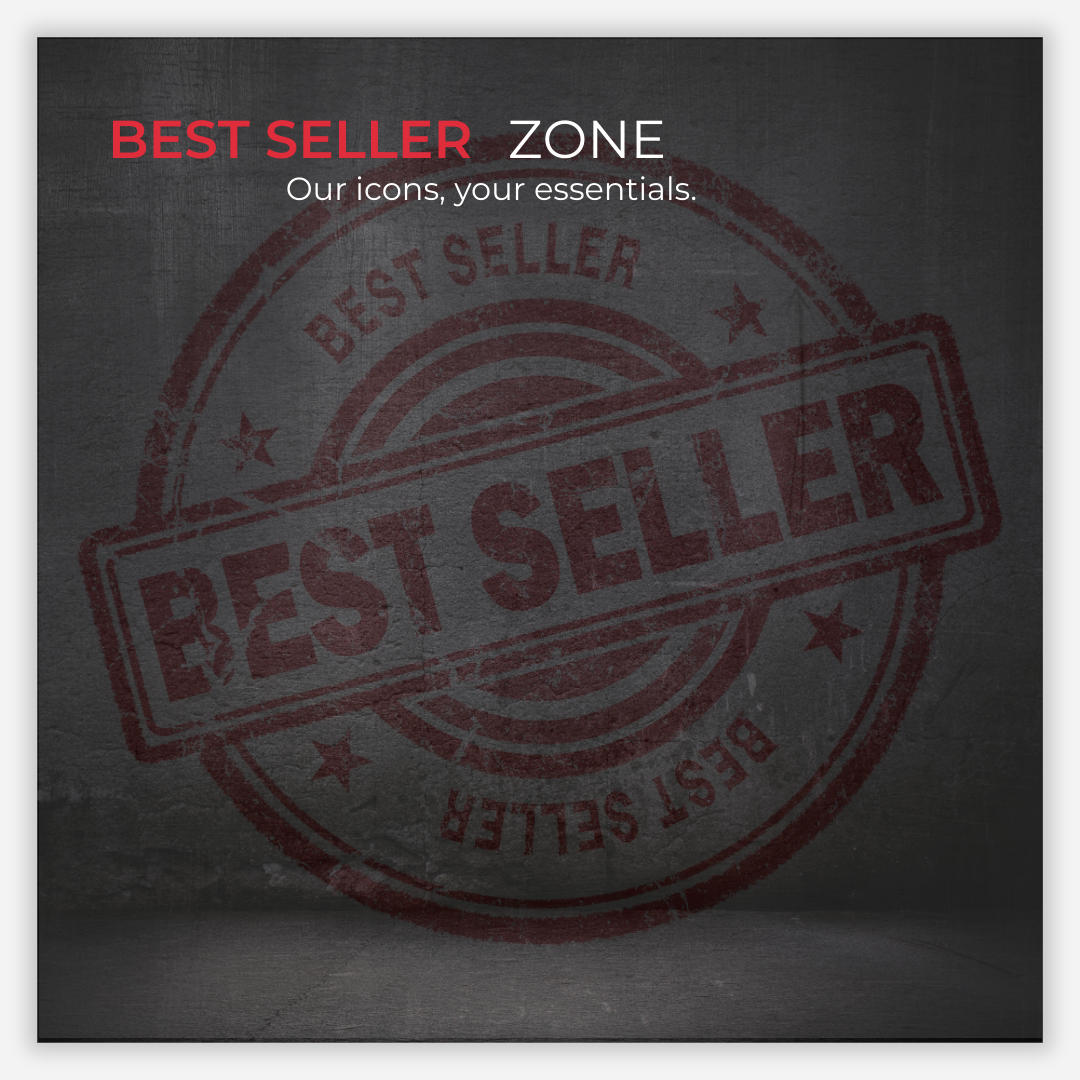 ZONE369 Best Seller Zone — red/white title with tagline “Our icons, your essentials.” Faded “BEST SELLER” stamp on dark concrete; navigation tile for bestsellers.