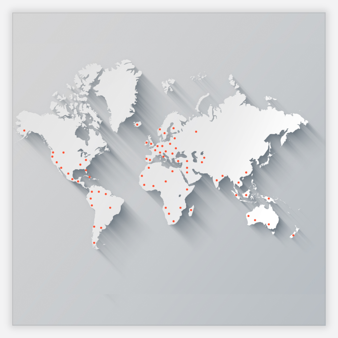 World map with red markers on a gray background