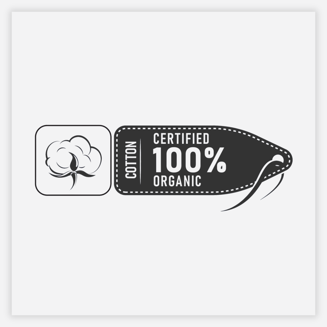 Certified 100% organic cotton label on a white background