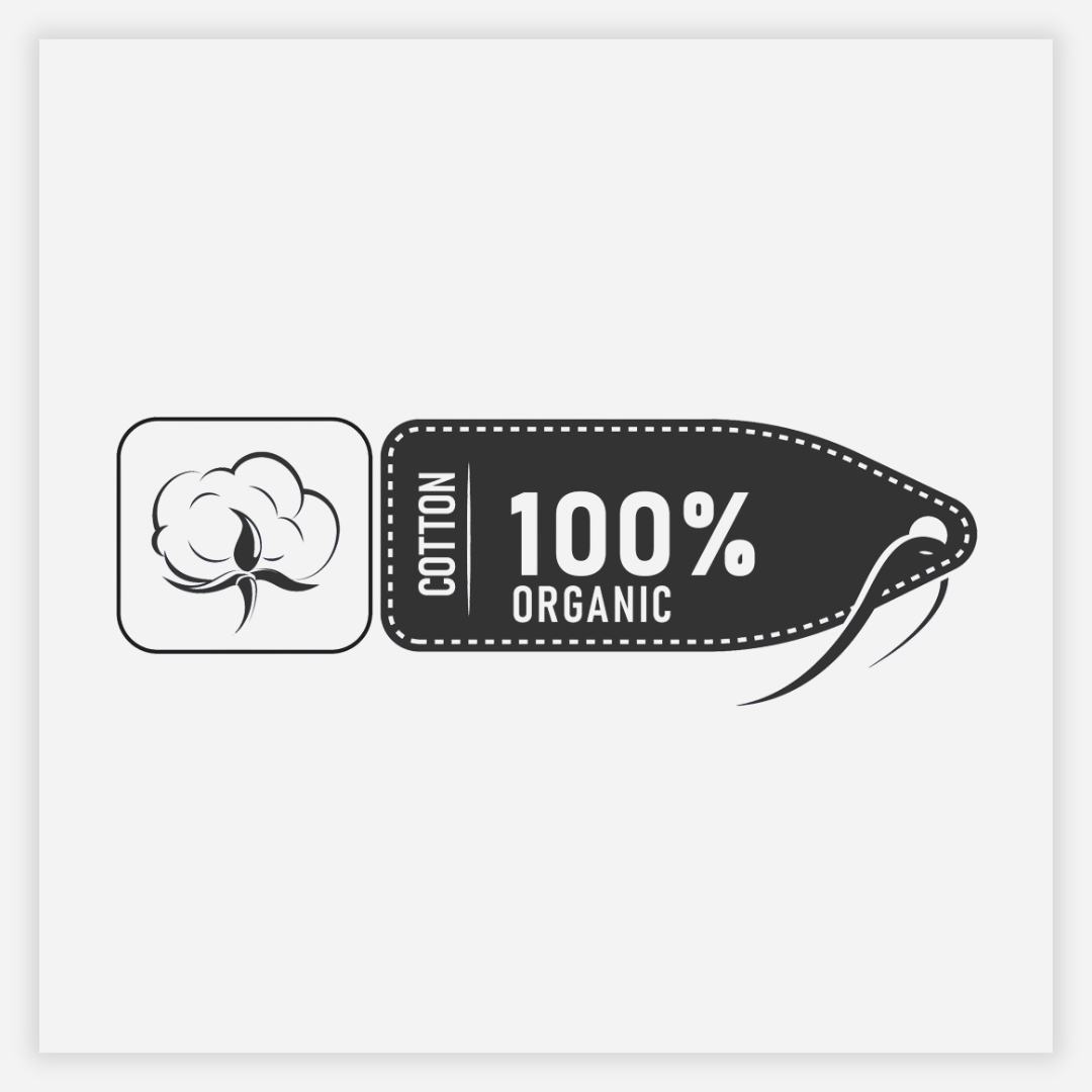 100% organic cotton label with a cotton icon on a white background