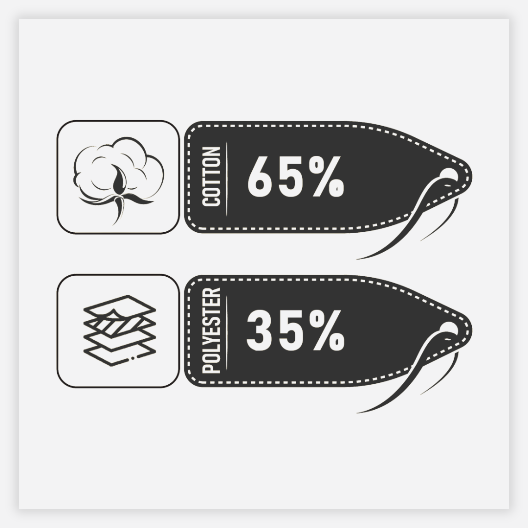Clothing label with cotton and polyester content percentages on a white background