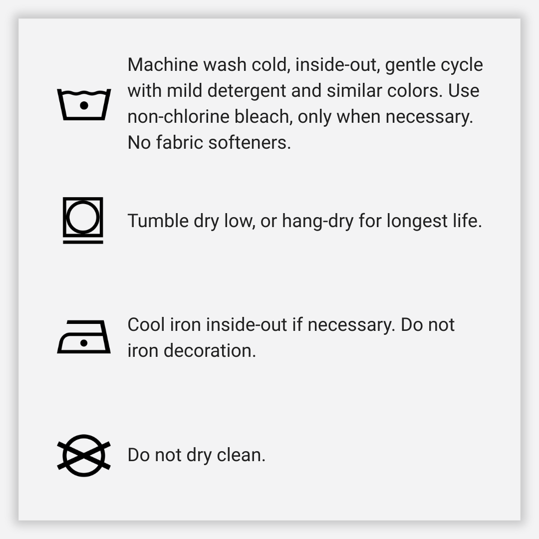 Washing and care instructions with symbols on a white background