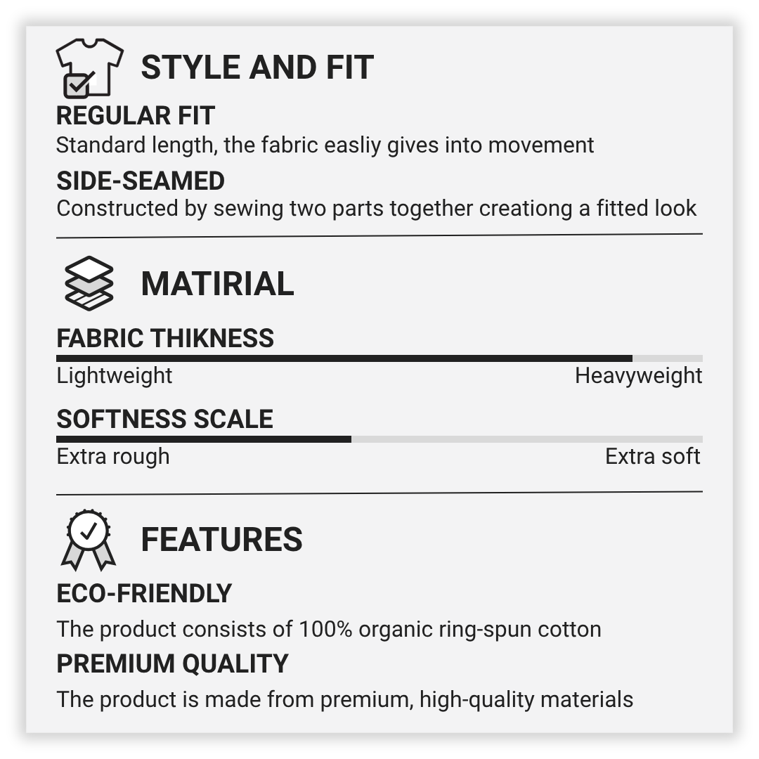 Product label detailing style, fit, material, fabric thickness, softness scale, features, and eco-friendliness.