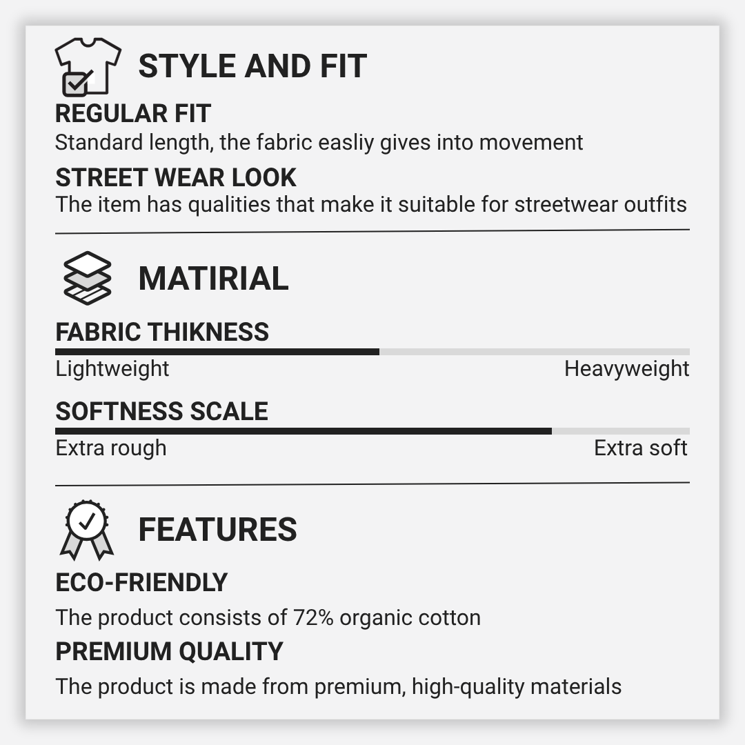 Product label with details on style, fit, material, thickness, softness, features, and eco-friendliness.