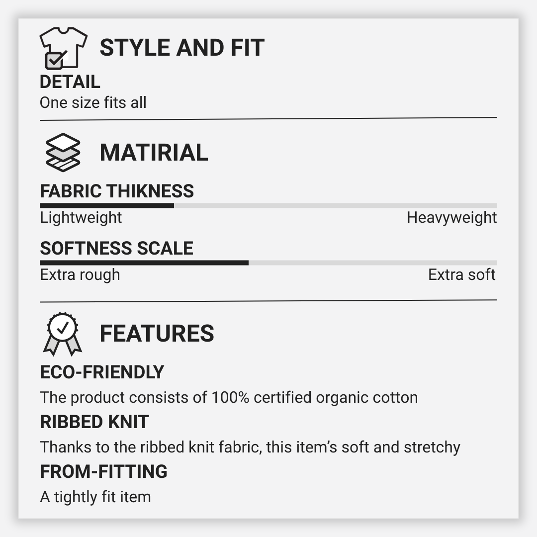 Product label detailing style, fit, material, thickness, softness, features, and certification information.