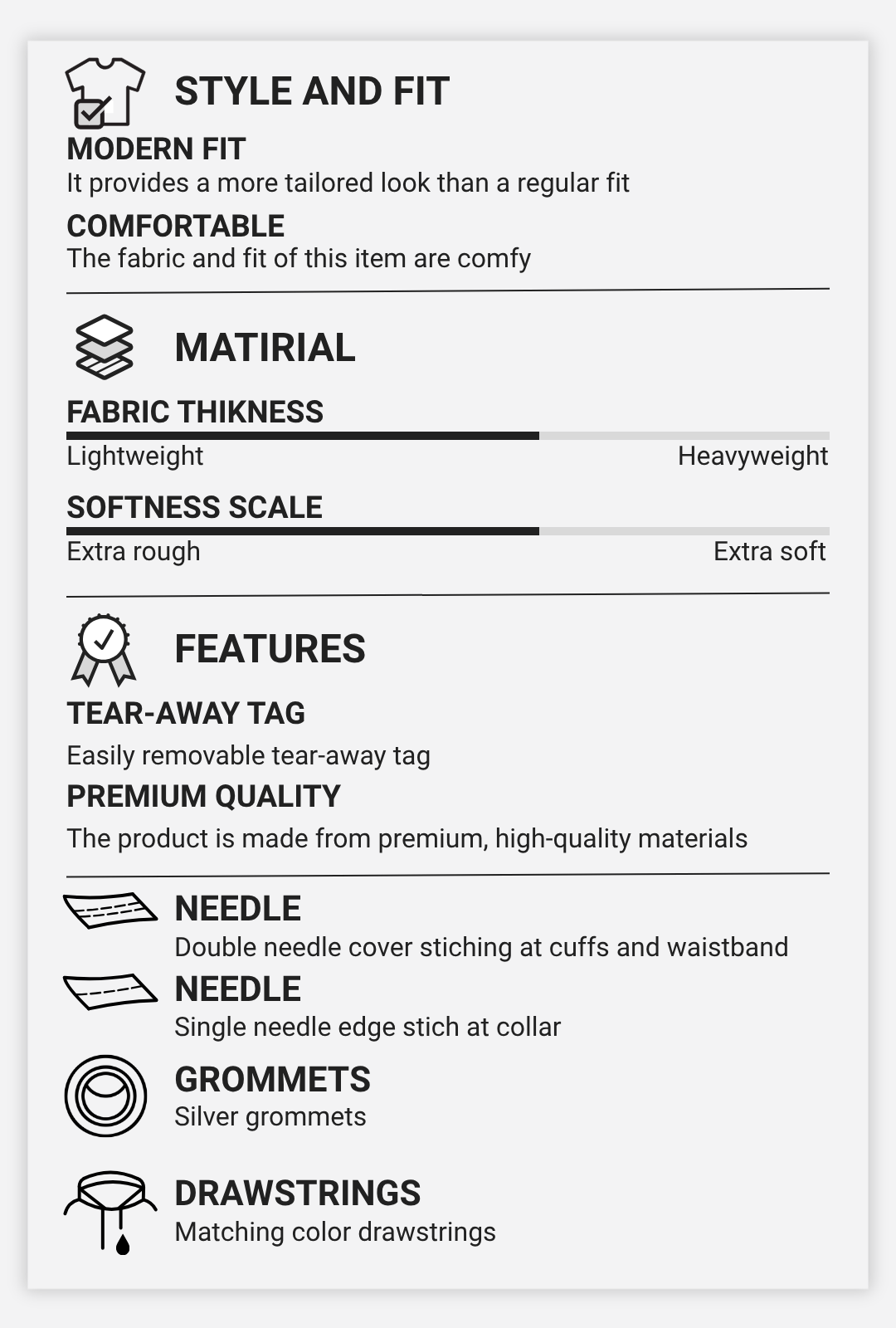 Product feature card with text detailing style, fit, material, and features.