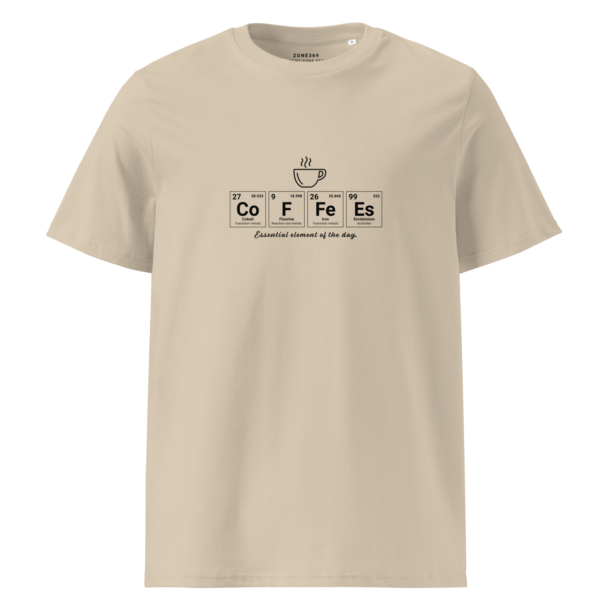 Beige t-shirt with coffee-themed design on a white background