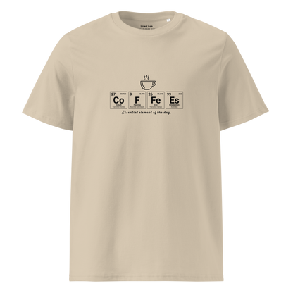 Beige t-shirt with coffee-themed design on a white background
